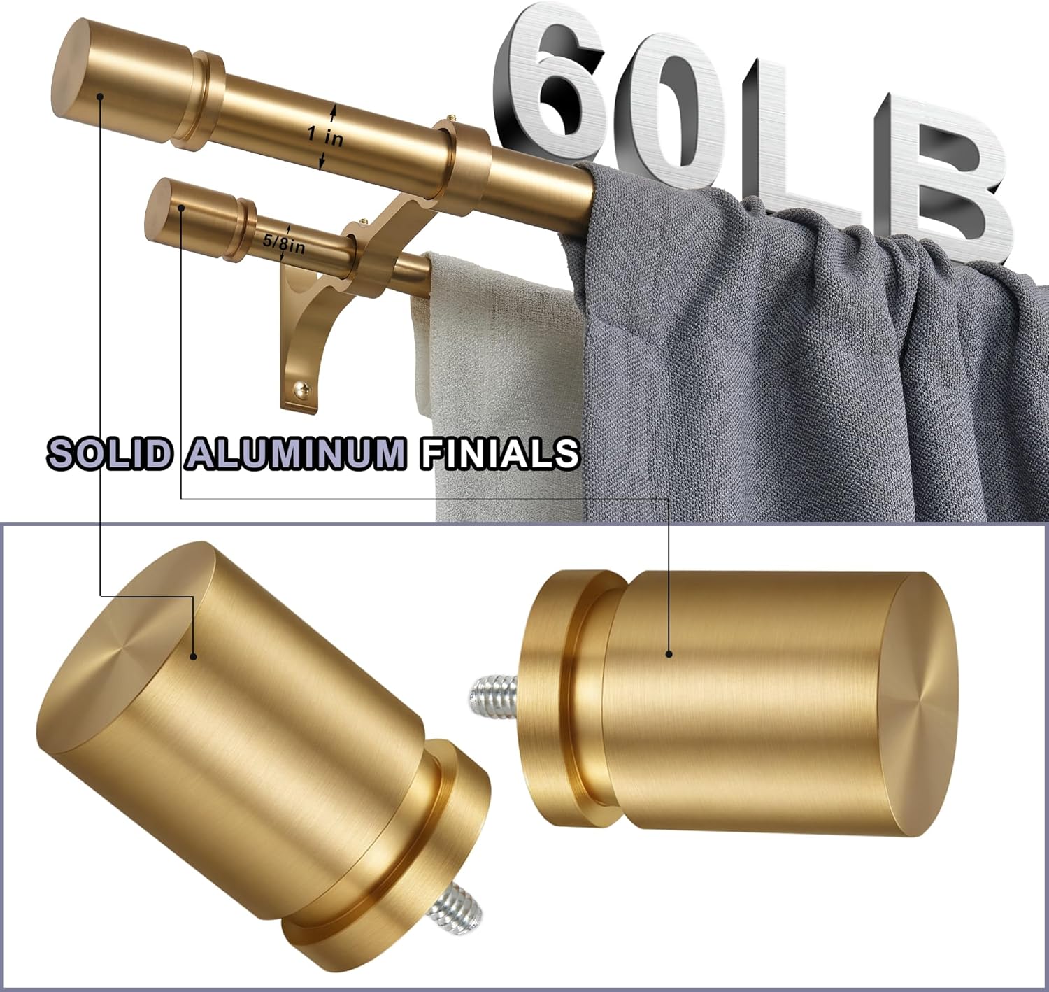 Double Curtain Rod 36 to 72 Inch,1 Inch Heavy Duty Curtain Rods for Windows with Solid Aluminum Cylindrical Finials and Bracket,1’’ Front and 5/8’’ Back Telescoping Double Drapery Rod,Warm Gold