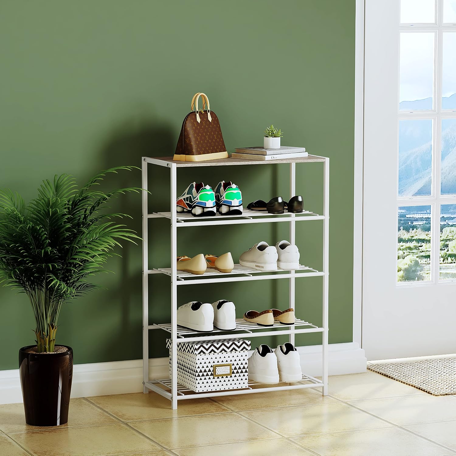 Gadroad Shoe Rack, 5-Tier Shoe Storage Organizer with Wood Top, Stackable Sturdy Metal Shoe Tower with 4 Metal Mesh Shelves for Entryway Closets Hallway Garage, Fits 12 Pairs of Shoes, Oak