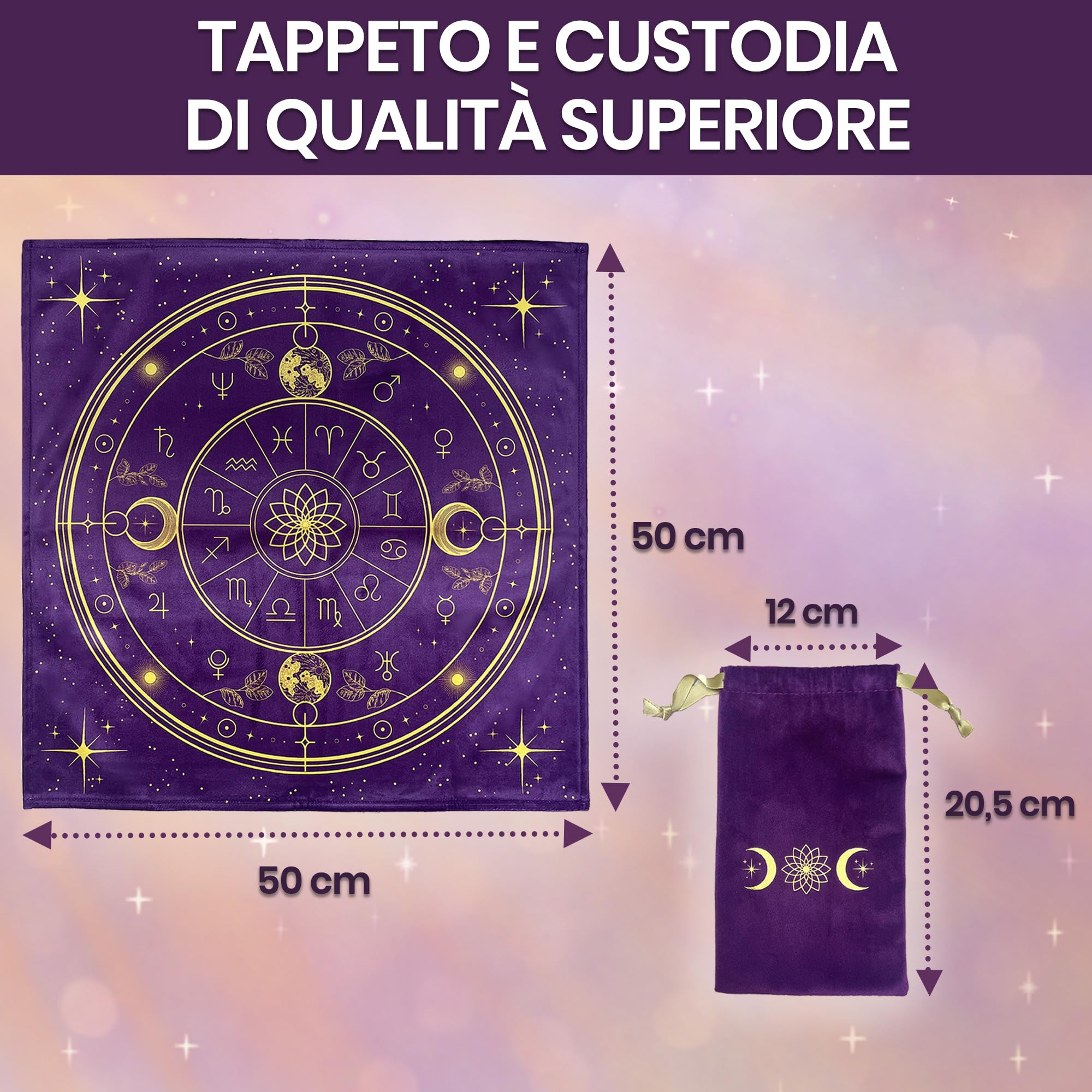 Vibratis Tappeto Divinatorio e Sacchetto - Tovaglia per Carte Oracoli e Tarocchi - Panno d'Altare in Velluto per Praticare Cartomanzia e Pendolino Esoterico