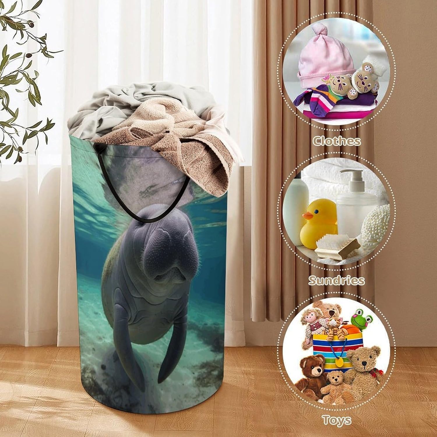 Cute Sea Animal Manatee Laundry Hamper with Handles Waterproof Collapsible Laundry Basket Large Lightweight Round Dirty Clothes Hamper for Home Dorm Bathroom Decor