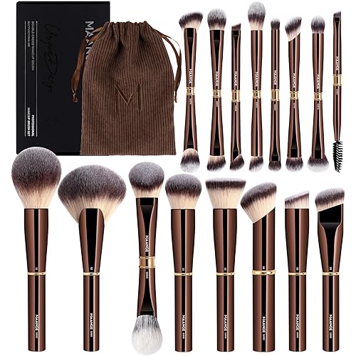 MAANGE Makeup Brushes 16Pcs Professional Foundation Powder Blush Contour Eyeshadows Double-End Makeup Brushes Set with Bag and Gift Box-CoffeeBrown
