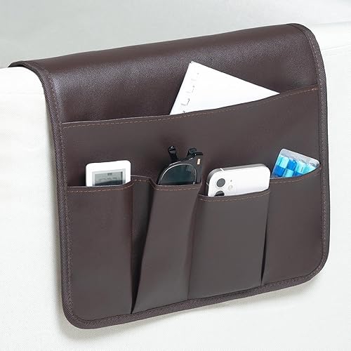 PU Leather Sofa Armrest Organizer, Armchair Magazine Holders, Waterproof Remote Holder for Recliner Couch with 1 Large Pocket, 4 Small Pockets for