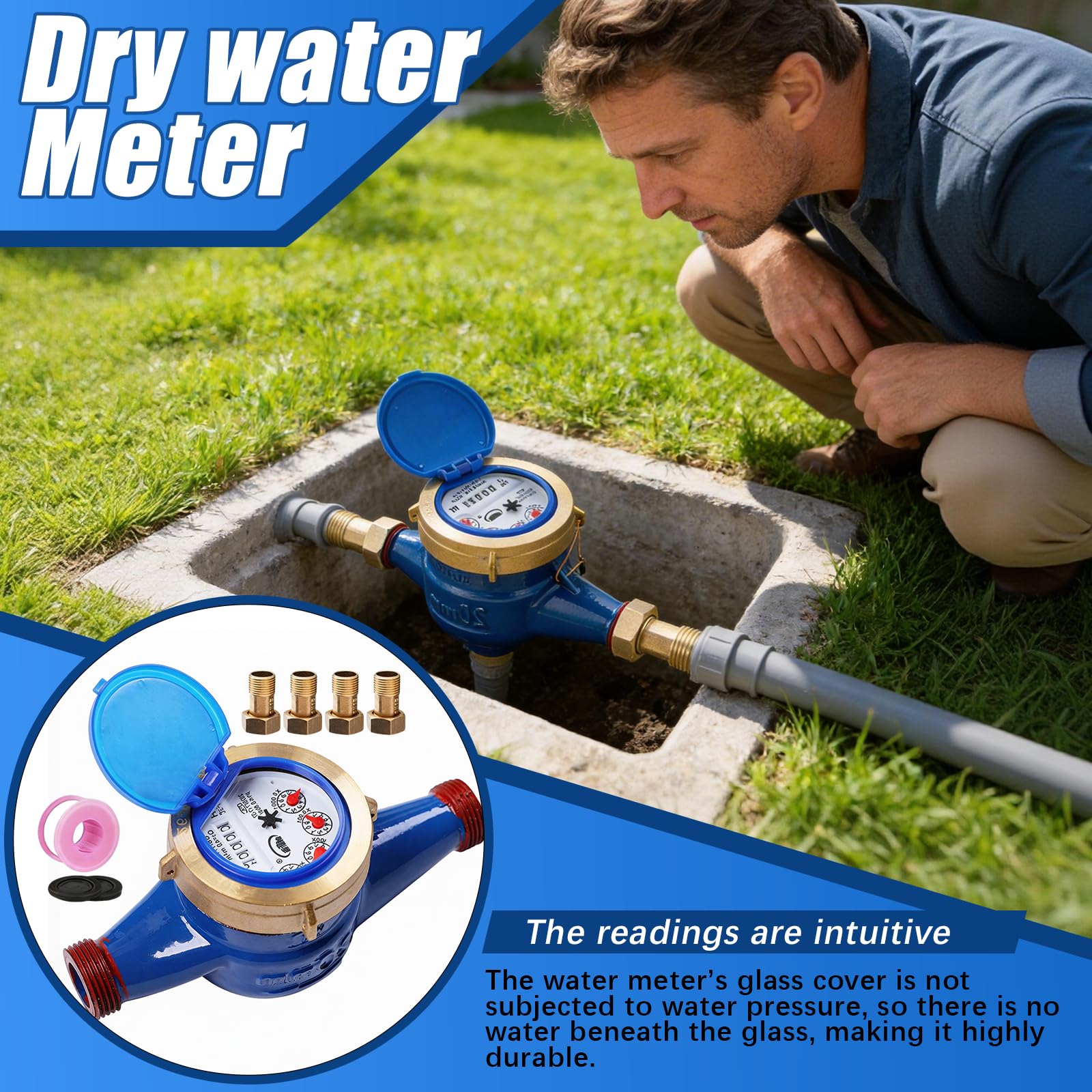Medidor de Agua Fría 3/4 Pulgadas Contador de Flujo Cobre con Puntero y Pantalla Digital