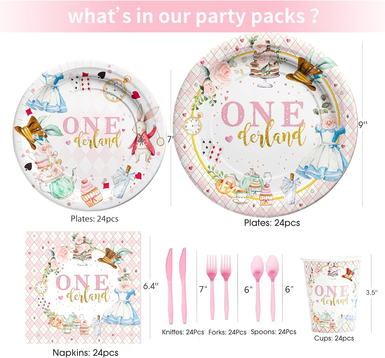 Alice First Birthday Party Supplies Girl - Alice Theme 1st Birthday Decorations Tableware, Paper Plate, Napkin, Cup, Disposable Cutlery, 24 Guests - Image 2