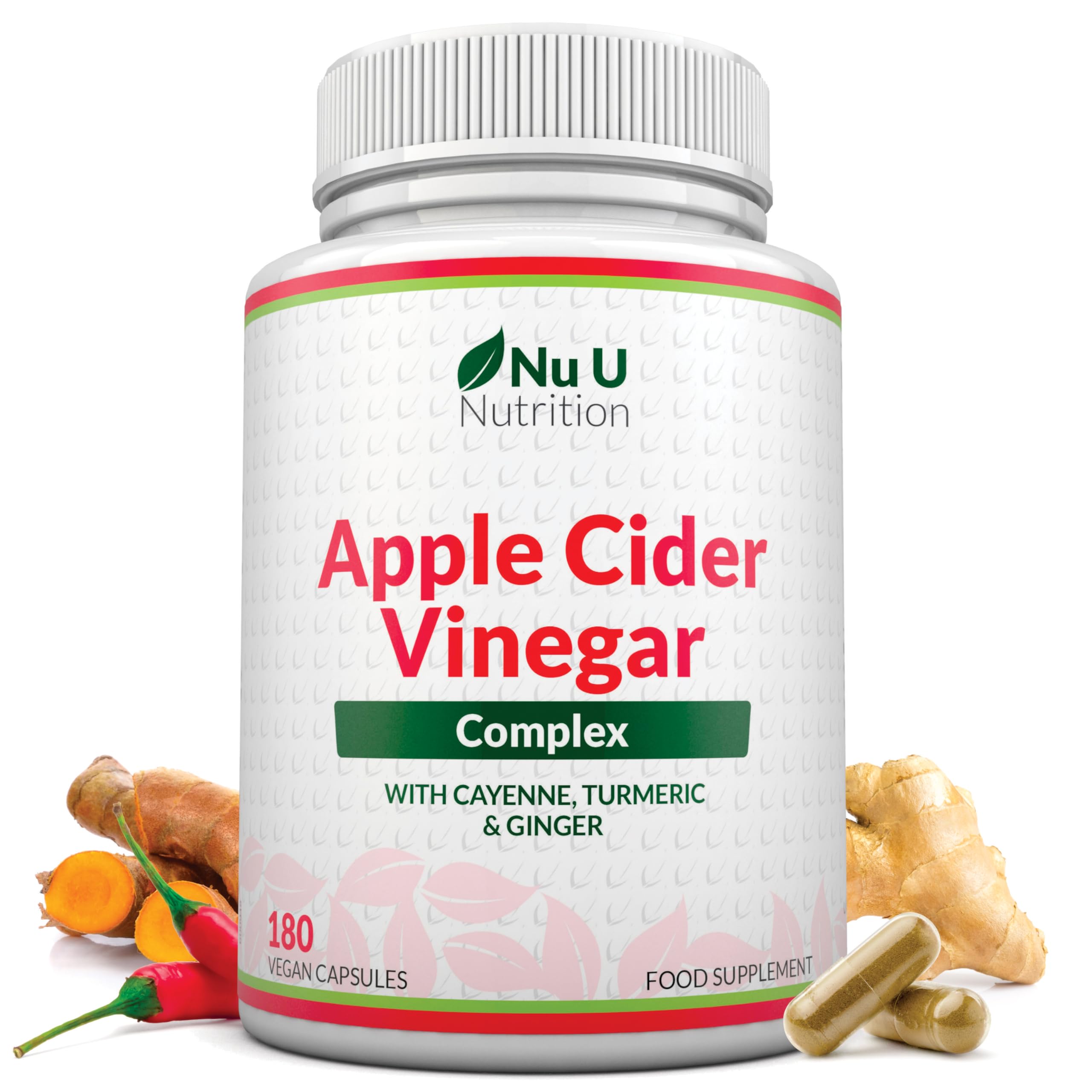 Apple Cider Vinegar - 180 Vegan Capsules - 100% Pure ACV Complex with Turmeric, Cayenne Pepper & Ginger Extracts - 3 Month Supply - Made in The UK - Nu U Nutrition