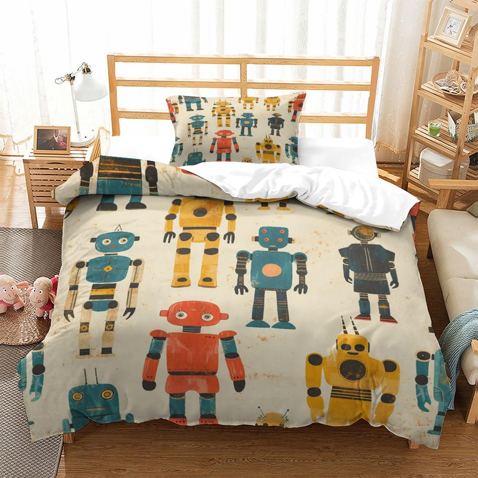 P1S9U7W5Y Cartoon Robot 3D Printed Microfiber 3pcs Duvet Cover Set Robotics Bedroom Microfiber Bedding Set Single（135x200cm）
