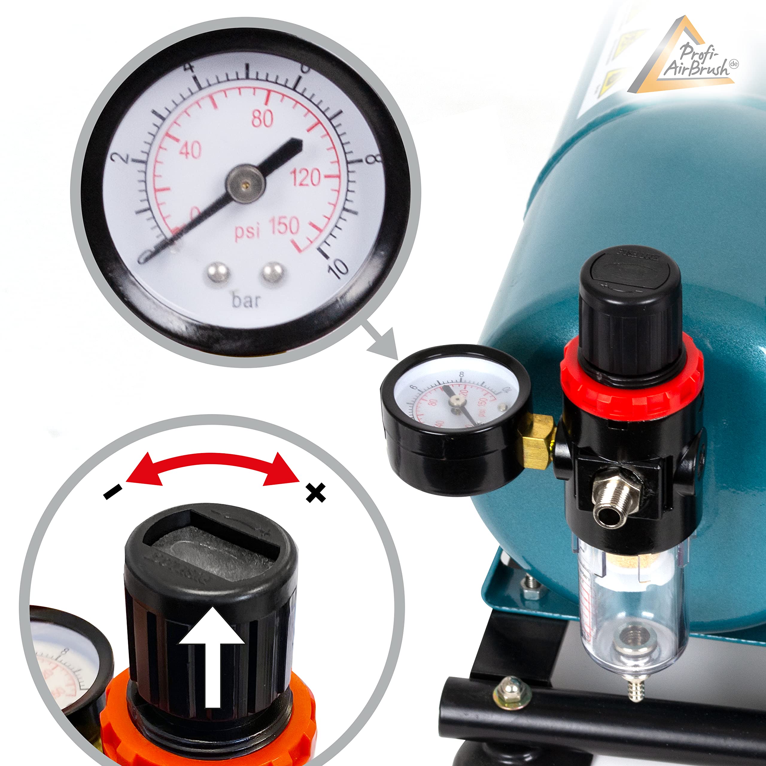 AIRBRUSH-SET DUO-Power Efficient = DAS KOMPLETT-SET mit Airbrush Kompressor, 2 hochwertigen PISTOLEN, HALTER, Kompressor-TANK, 2*SCHNELLKUPPLUNGEN CLEANING POT, Schlauch, Reinigungsbürsten