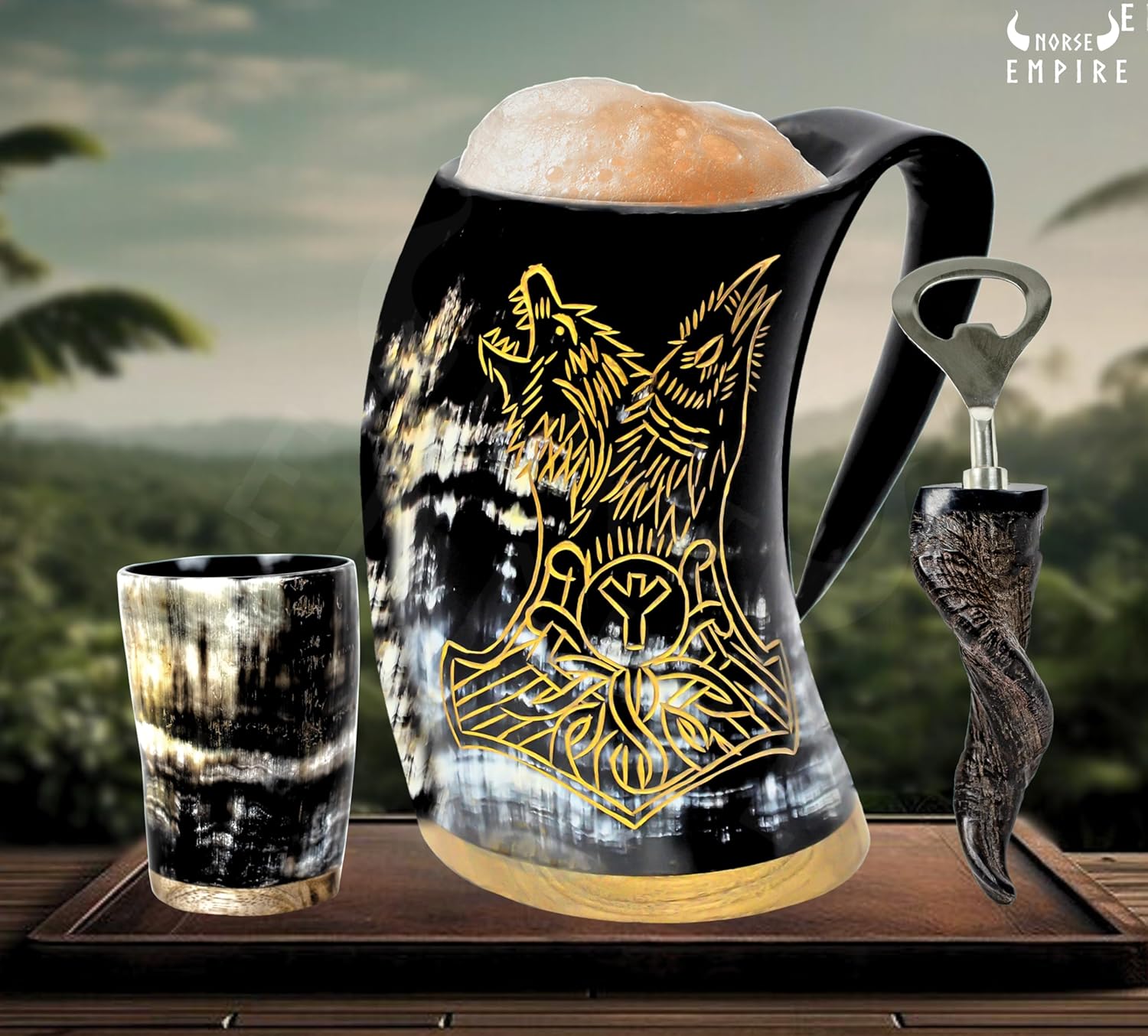 Viking Horn Mug - 100% Authentic 20oz Ultimate Unique Handmade Ox Horn Norse Tankard for Hot & Cold Drinks-Gift for Men and Women- Food Grade Medieval Style Man's Beer & Mead Cup (Wolf,Raven,Mjolnir)…