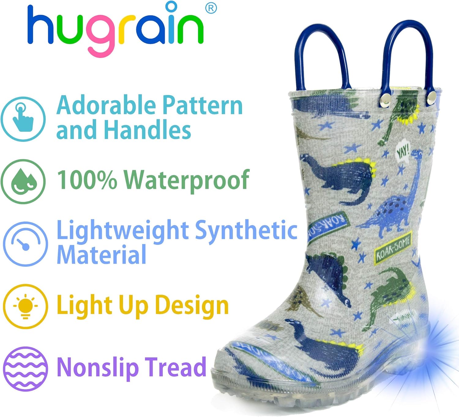 HugRain Light Up Rain Boots for Little Kids 12 Little Kid Dinosaur Grey