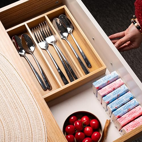 Miniatura 2 de Organizador de cubiertos de bambú para cajones de cocina, organizador de utensilios de cocina, bandeja organizadora de cubiertos para cubiertos,