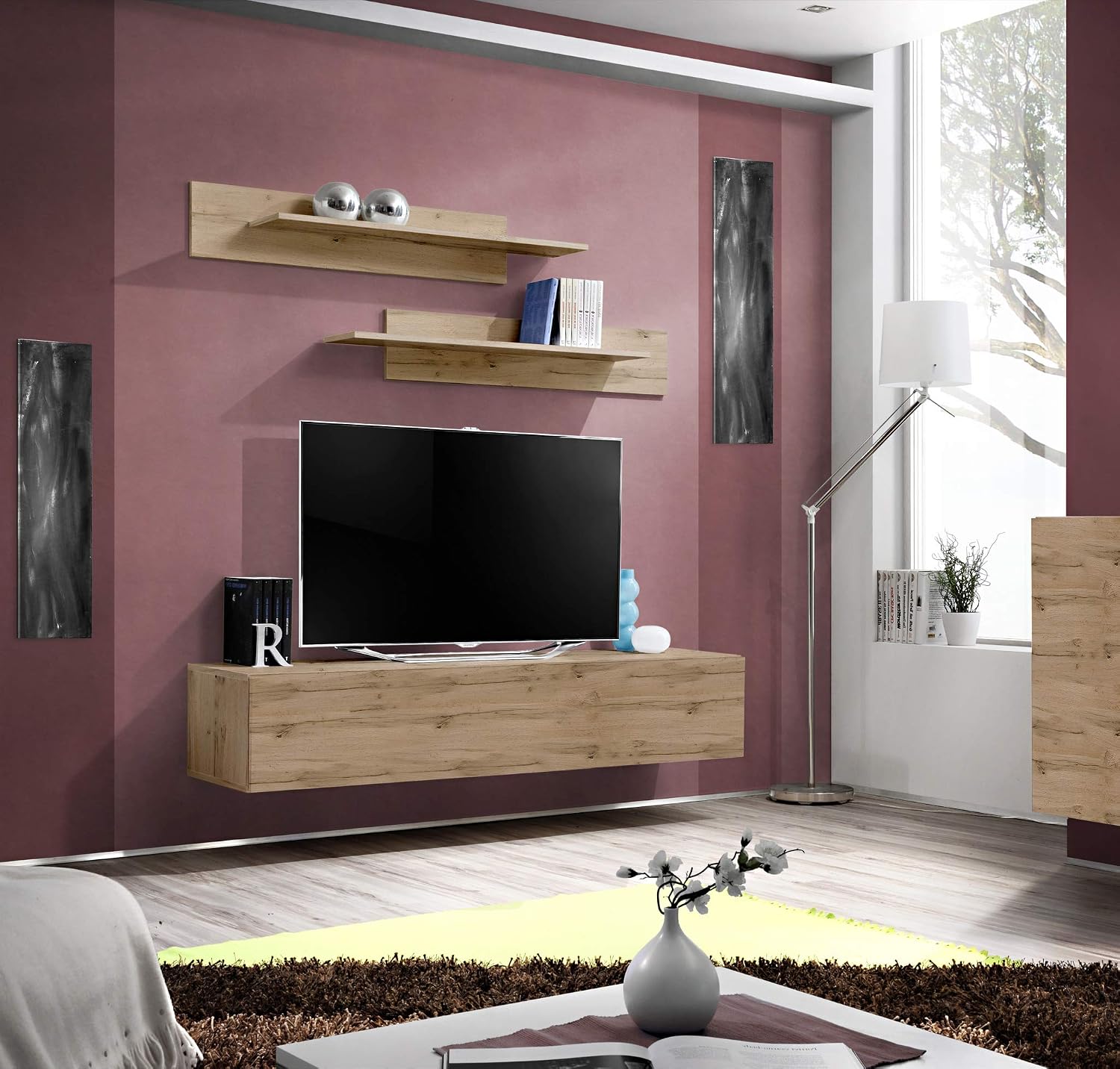 Meble Furniture Fly Type-33 Floating TV Stand — High Gloss Storage Cabinets — Modern Media Center Console, 63 Inches — Oak