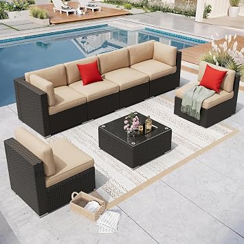 Incbruce 7-Piece Patio Furniture Set, All-Weather Conversation Set, PE Wicker Rattan Outdoor Sectional Couch with Glasstop Table and Removable Cushions Brown