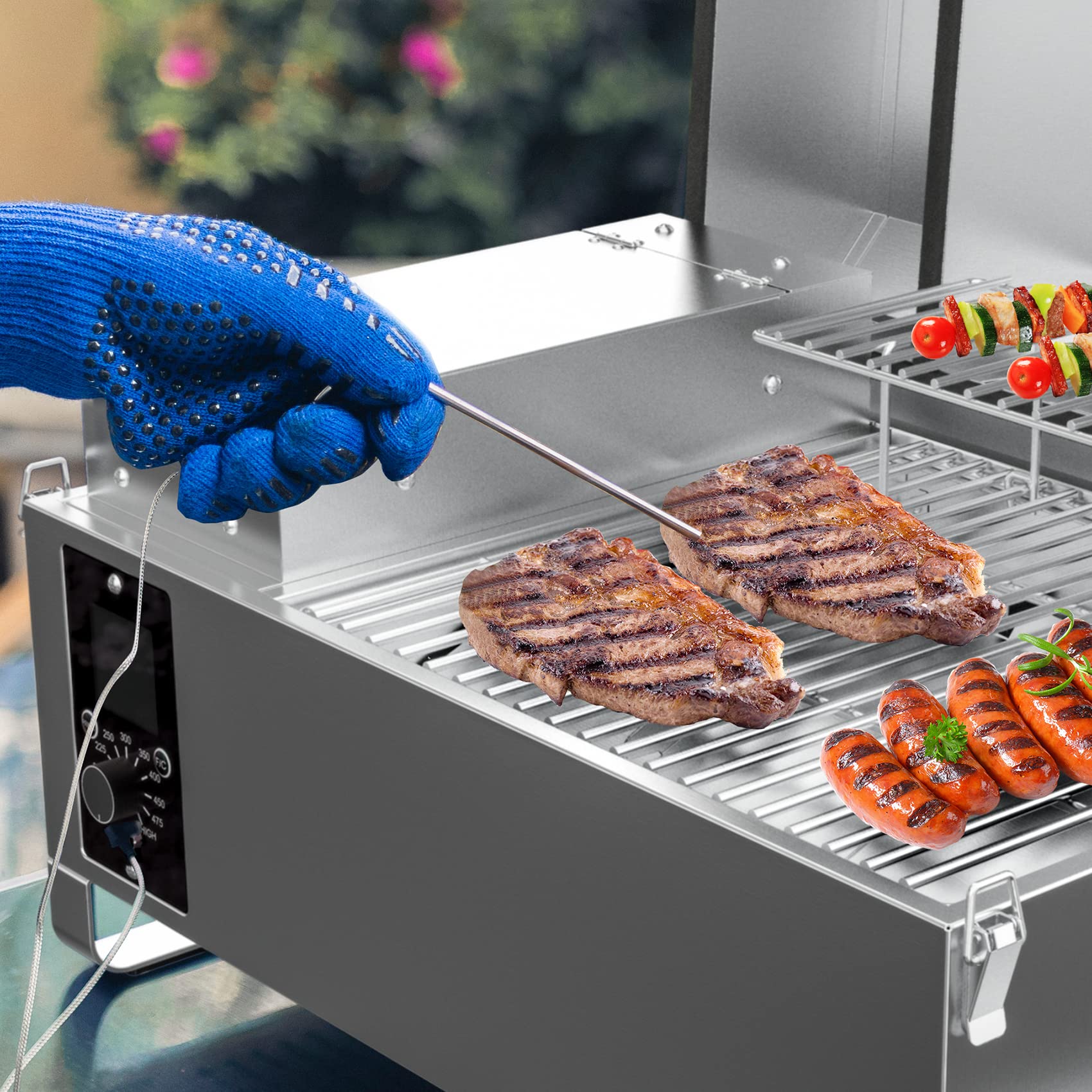 Onlyfire Tragbarer Pellet Grill, Edelstahl Pellet Smoker, 8-in-1-Multifunktion BBQ Pellet Smoker Grill, mit Automatischer Temperaturregelung, LED-Bildschirm, Silbe