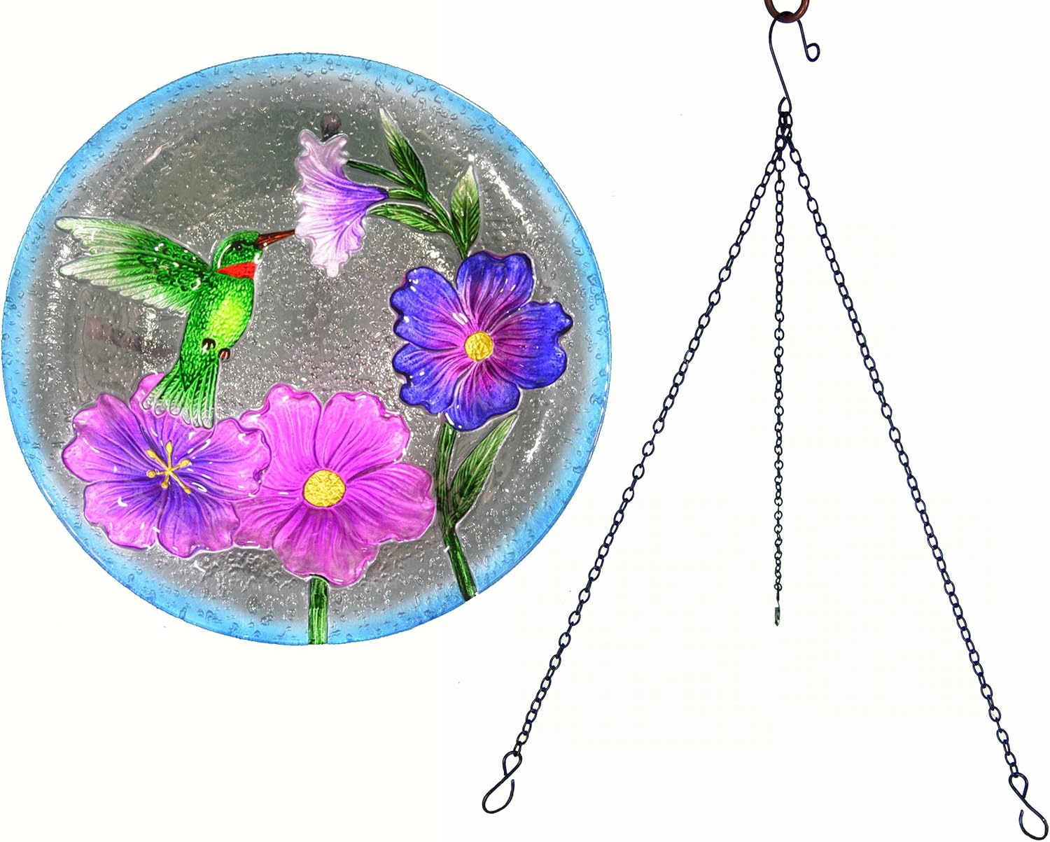 Songbird Essentials Hummingbird Hanging Bird Bath, 13 Inch Colorful Glass Garden Birdbath
