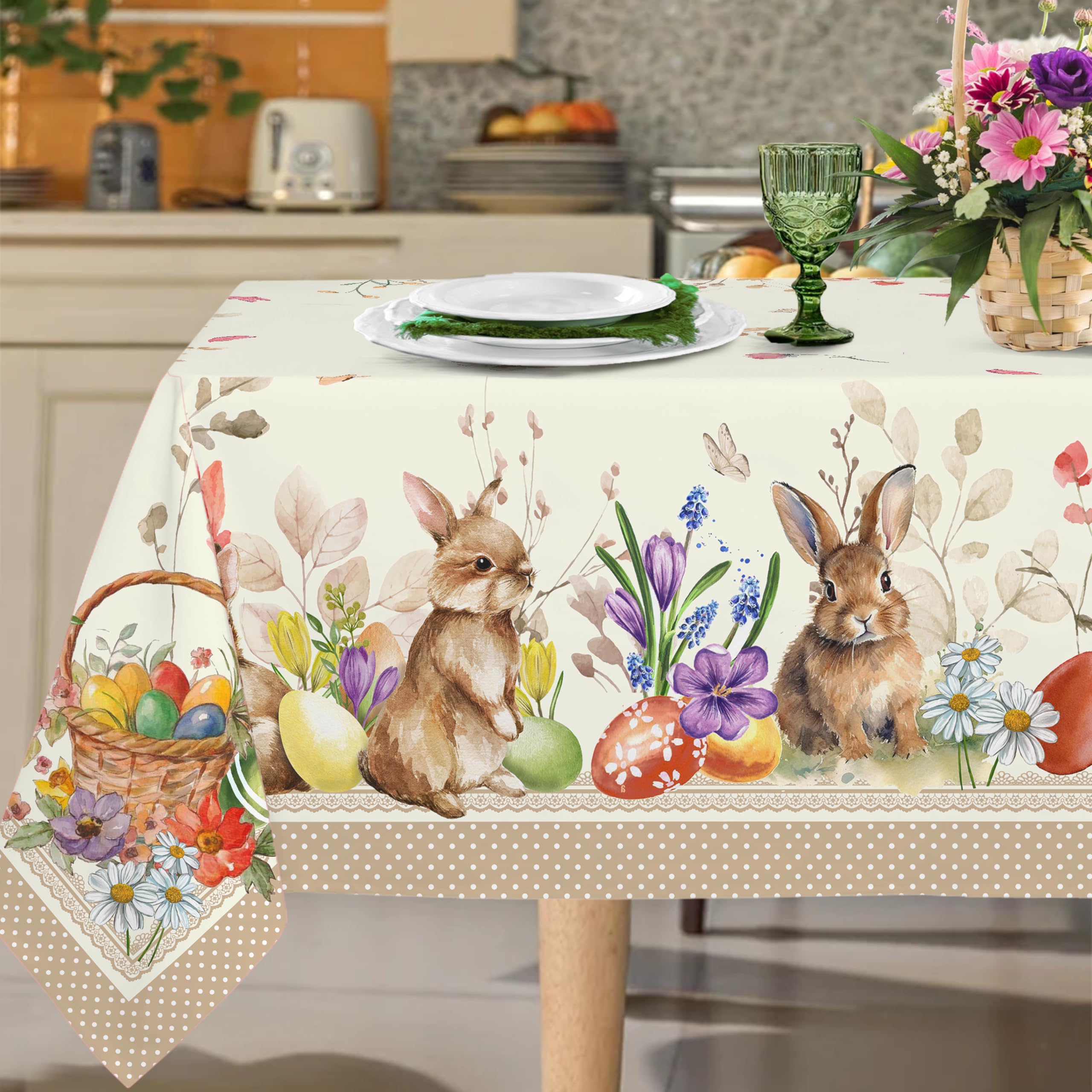 Yighty Rectangular Easter Polyester Tablecloth 152.4 x 213.3 cm Waterproof Wrinkle Resistant Fits 91.4-121.9 cm Tables, Spring Flowers and Rabbit Watercolor Design, Holiday Decoration — image 1