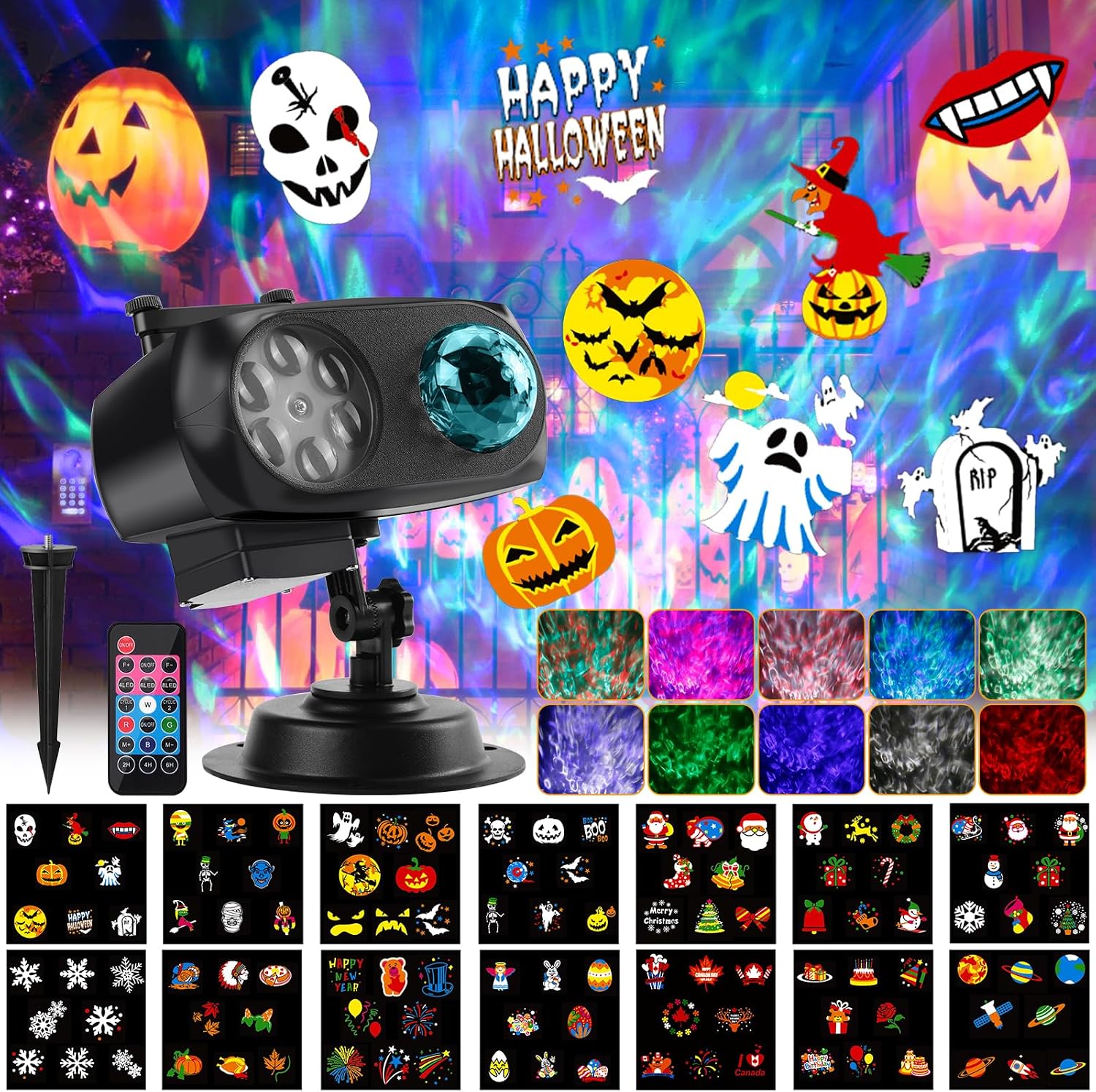 Halloween Christmas Projector Light - 26 HD Effects (Ocean Wave + Patterns), RGB Multicolor, Waterproof IP65 With Timer & Remote