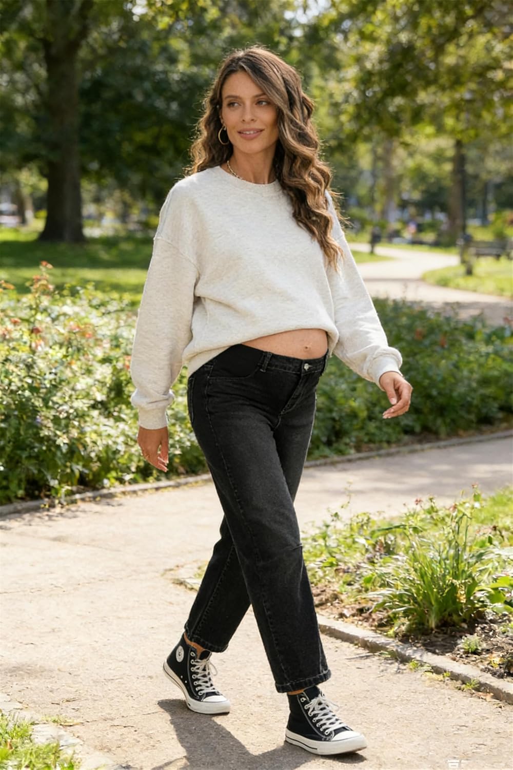 BLENCOT Women's Maternity Jeans Elastic Hight Waist Stretch Barrel Jeans Wide Leg Side Panel Pregnancy Denim Pants