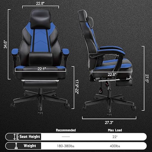 Miniatura 3 de Silla de juegos con reposapiés, silla de videojuegos para adultos, silla ergonómica grande y alta para computadora, con soporte lumbar de masaje,