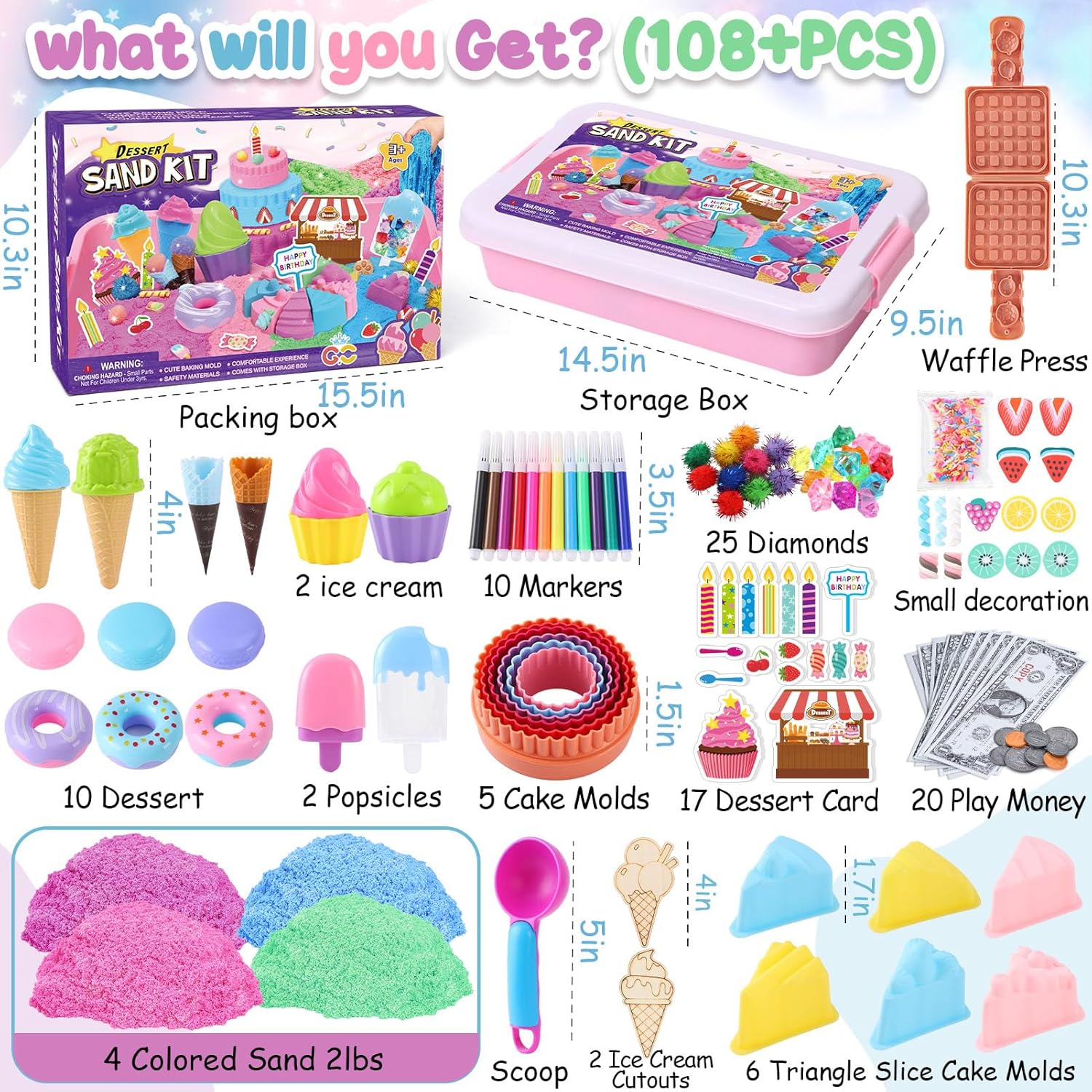Golray Ice Cream Sensory Bin for Girls, Play Sand Art Kit with Sandbox, 2lb Magic Sand, Cake & Waffle Molds, Pretend Play Desserts Toys, Sensory Toy Set Gifts for Girl Toddlers Ages 3 4 5 6 7 8 - Image 2