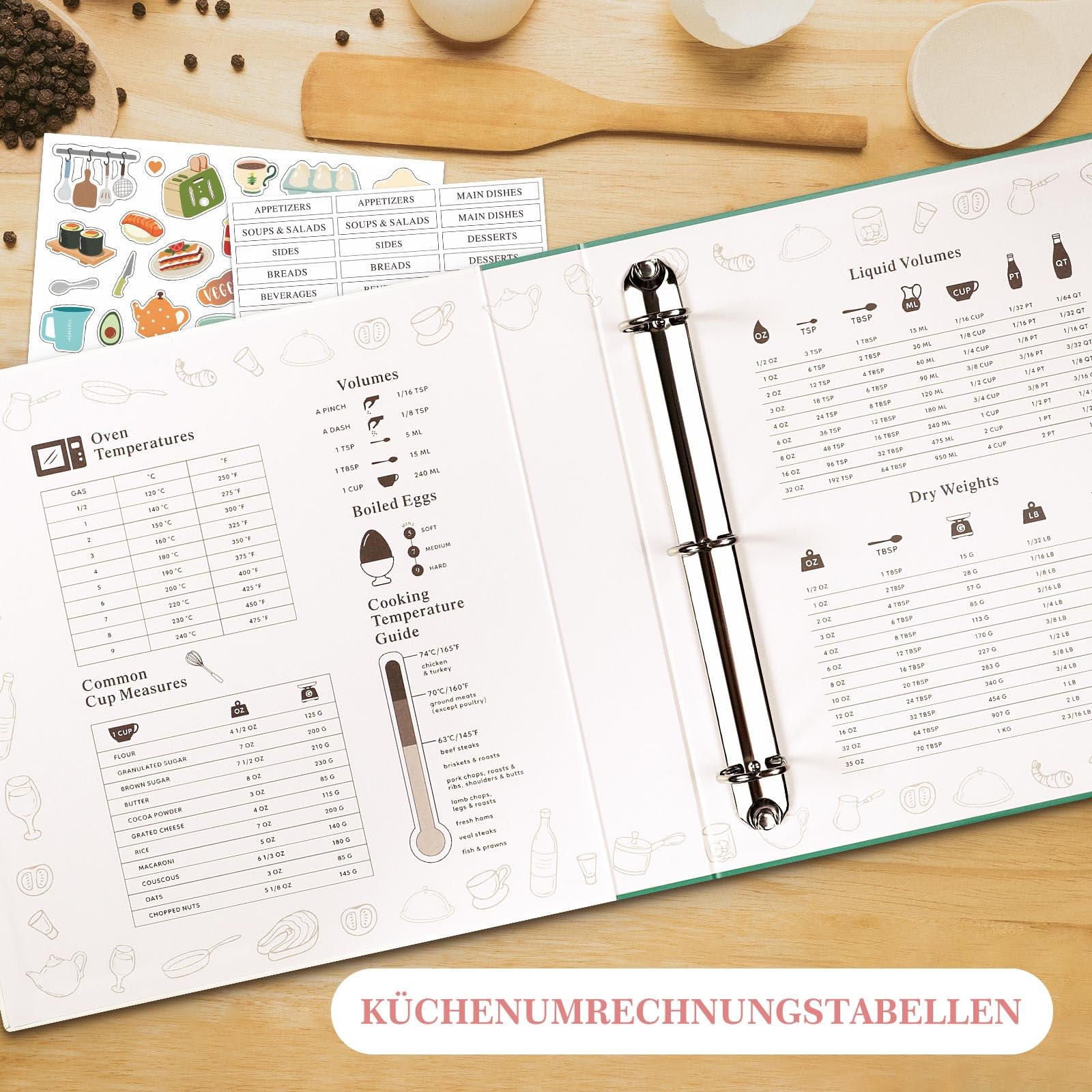 Lanpn Rezepte Ordner 3 Ringen für Kochrezepte, Kochbuch Selbst Schreiben, DIY Recipe Binder Rezeptordner mit 8 Trennblättern und 2 Aufklebern, Leder Rezeptbuch zum Selberschreiben, Rose, Englisch