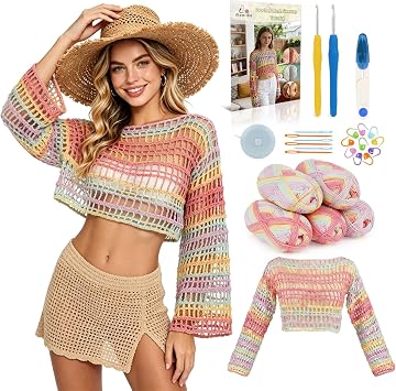 Aeelike Beginner Crochet Kit for Adults, Crochets Set w Ombre Cotton Yarn & Step-by-Step Video Tutorials,Rainbow Coverup Sweater for Women Ideal DIY Gift Crochet Kit for Beginners,Gradient Pink