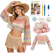 Aeelike Beginner Crochet Kit for Adults, Crochets Set w Ombre Cotton Yarn & Step-by-Step Video Tutorials,Rainbow Coverup Sweater for Women Ideal DIY Gift Crochet Kit for Beginners,Gradient Pink
