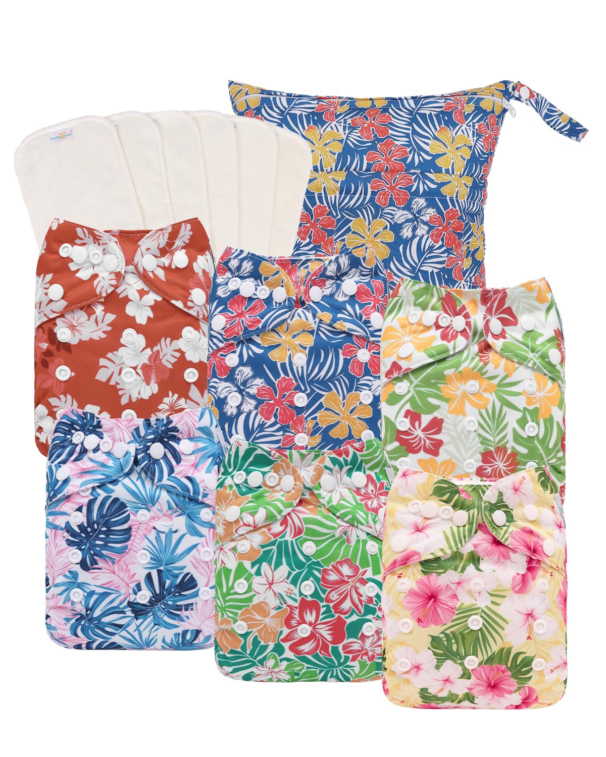 babygoal Hawaii Cloth Diapers Pack of 13, Baby Reusable Washable Pocket Nappy, 6pcs Diapers+6pcs Rayon from Bamboo Inserts+Wet Bag,6FG54-MB-B