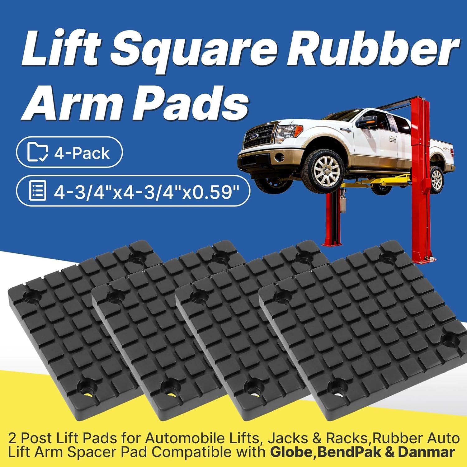 4-Pack Lift Square Rubber Arm Pads – 4-3/4” x 4-3/4”x 0.59” – 2 Post Lift Pads for Automobile Lifts, Jacks & Racks, Rubber Auto Lift Arm Spacer Pad Compatible with Globe, BendPak & Danmar