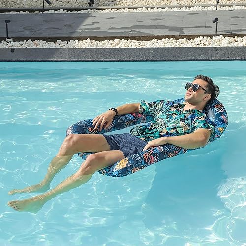 Miniatura 3 de FindUWill Flotadores inflables de piscina para adultos, sillas de piscina cómodas cubiertas de tela, tumbona de piscina de bronceado multiusos,