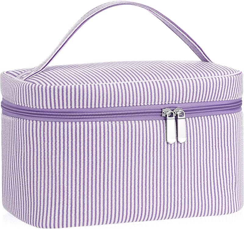 Necessaire grande Huhumy para maquiagem e produtos de higiene, seersucker, roxa, listrada