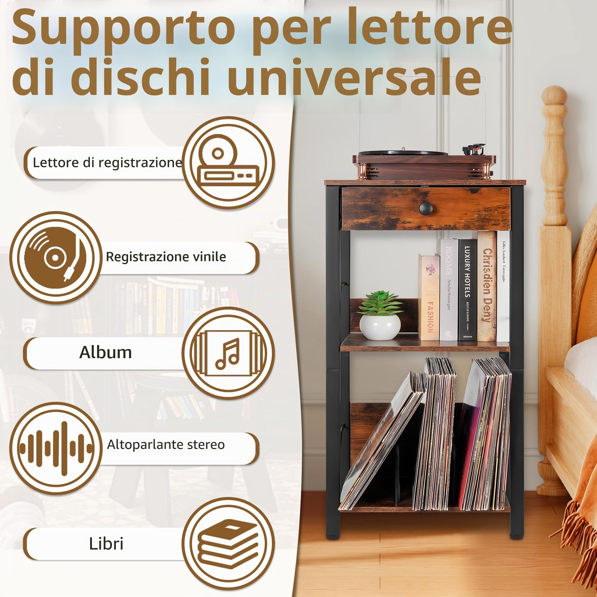 OUUTMEE 3 Livelli Supporto per Giradischi in vinile, Tavolo per Giradischi con Cassetto e Mensola fino a 100 album, Supporto per Giradischi in vinile, Tavolo Supplemento per Soggiorno, Camera da letto