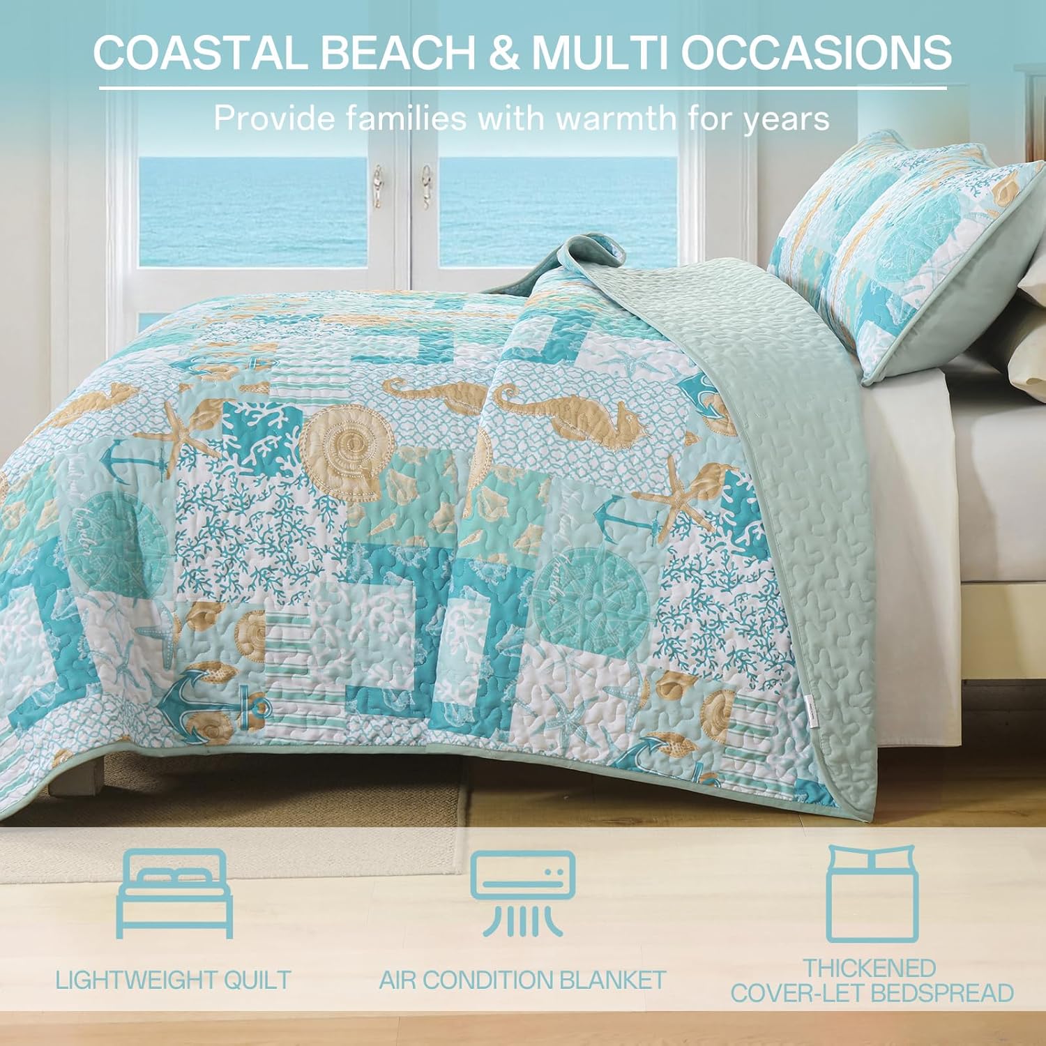 Xruibed Coastal Quilt Set Queen Size, Aqua Green Nautical Beach Quilt Set, Reversible Lightweight Patchwork Bedspread with 2 Pillowshams Soft Microfiber Bedding Set for All Season 90"x96" | Lightweight, Breathable, Reversible
