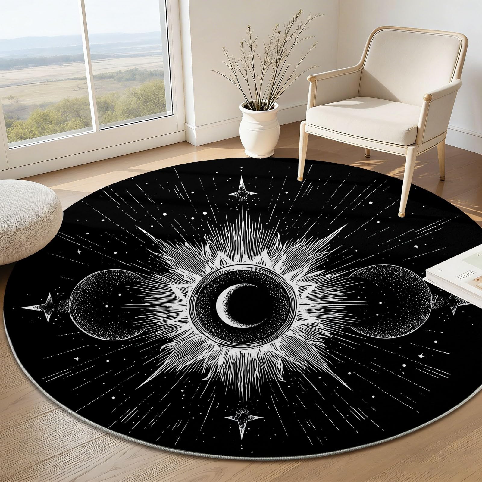 Tapis Rond Salon Lavable, Sonne Galaxie Sterne Nachthimmel Tapis de Sol Décoration Antidérapant pour Salon Chambre Cuisine Balcon Chambre D'enfant Terrasse, 200 cm Soleil Galaxie Étoiles Ciel Nocturne