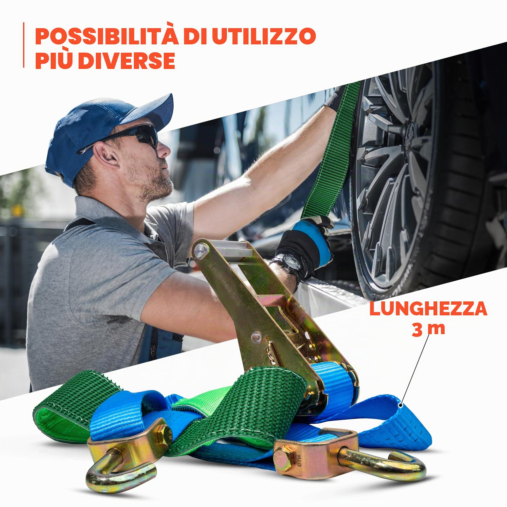 4 pezzi | Cinghia di fissaggio per auto | Cinghie di tensionamento | 3000 KG | Lunghezza 3200 | Cinghia di tensionamento | Autovettura | Fissaggio ruote | Fissaggio ruote | 35 mm