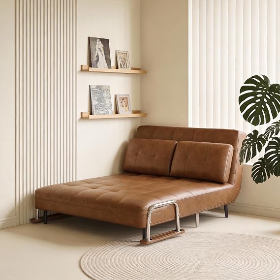 3-in-1 Double Convertible Sofa Bed Chair with Adjustable Backrest, 150cm Mid-Century Space-Saving Folding Sofa, Oil Wax Leather Sofa for Living Room or Guest Bed (Brown)