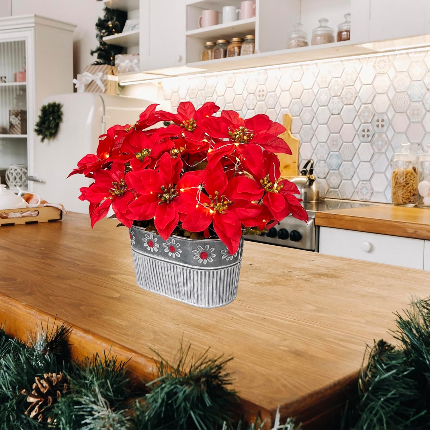 Christmas Poinsettia Table Centerpiece - Rustic Metal Pot with LED Lights, Festive Artificial Floral Arrangement for Holiday Home Décor, 1 Pack