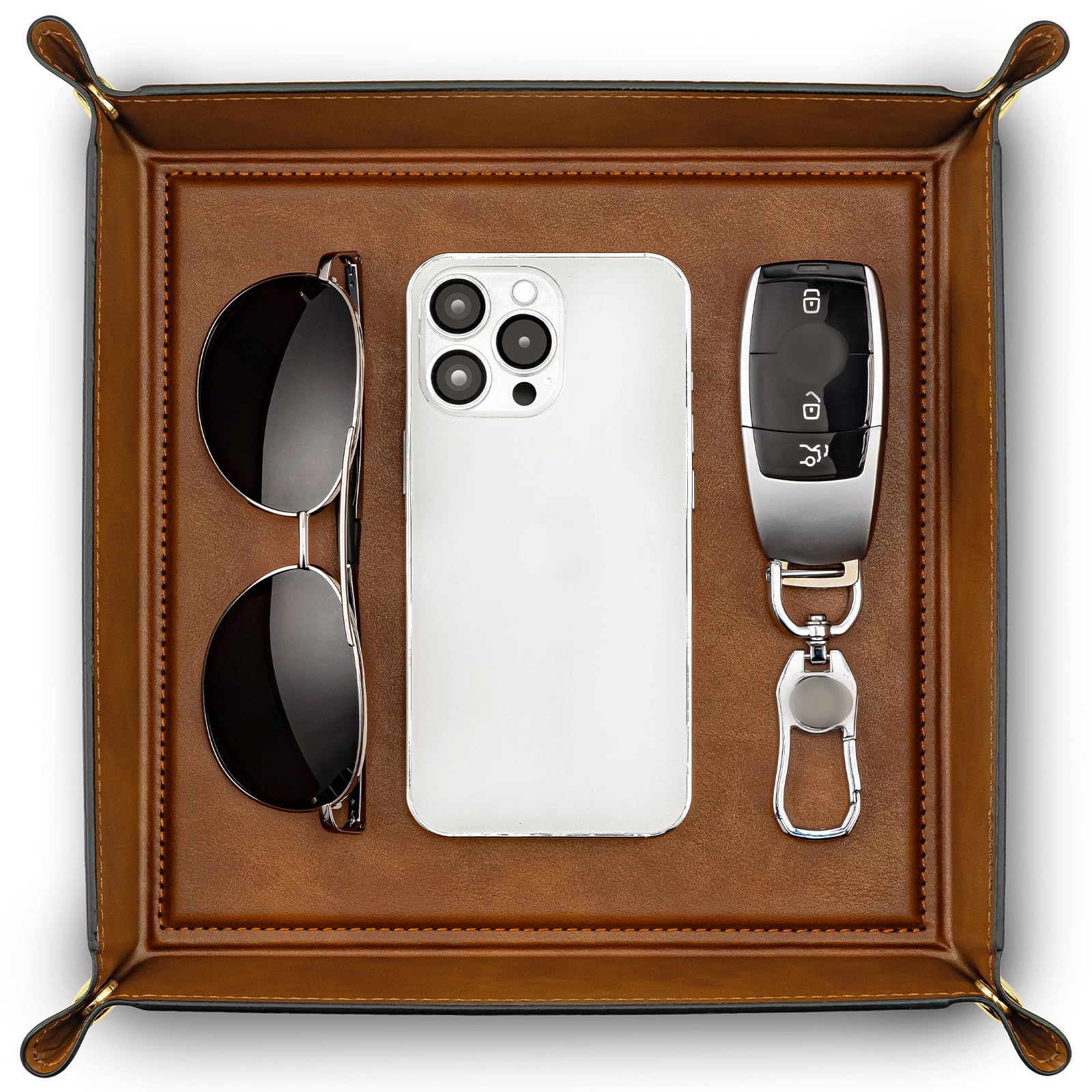 VLANDO PU Leather Valet Tray for Men Women, 28 × 28 cm Large Bedside Organiser for Him, Mens Bedroom Accessories, Bedside Tray for Key Coin Watch Pens (Warm Brown)