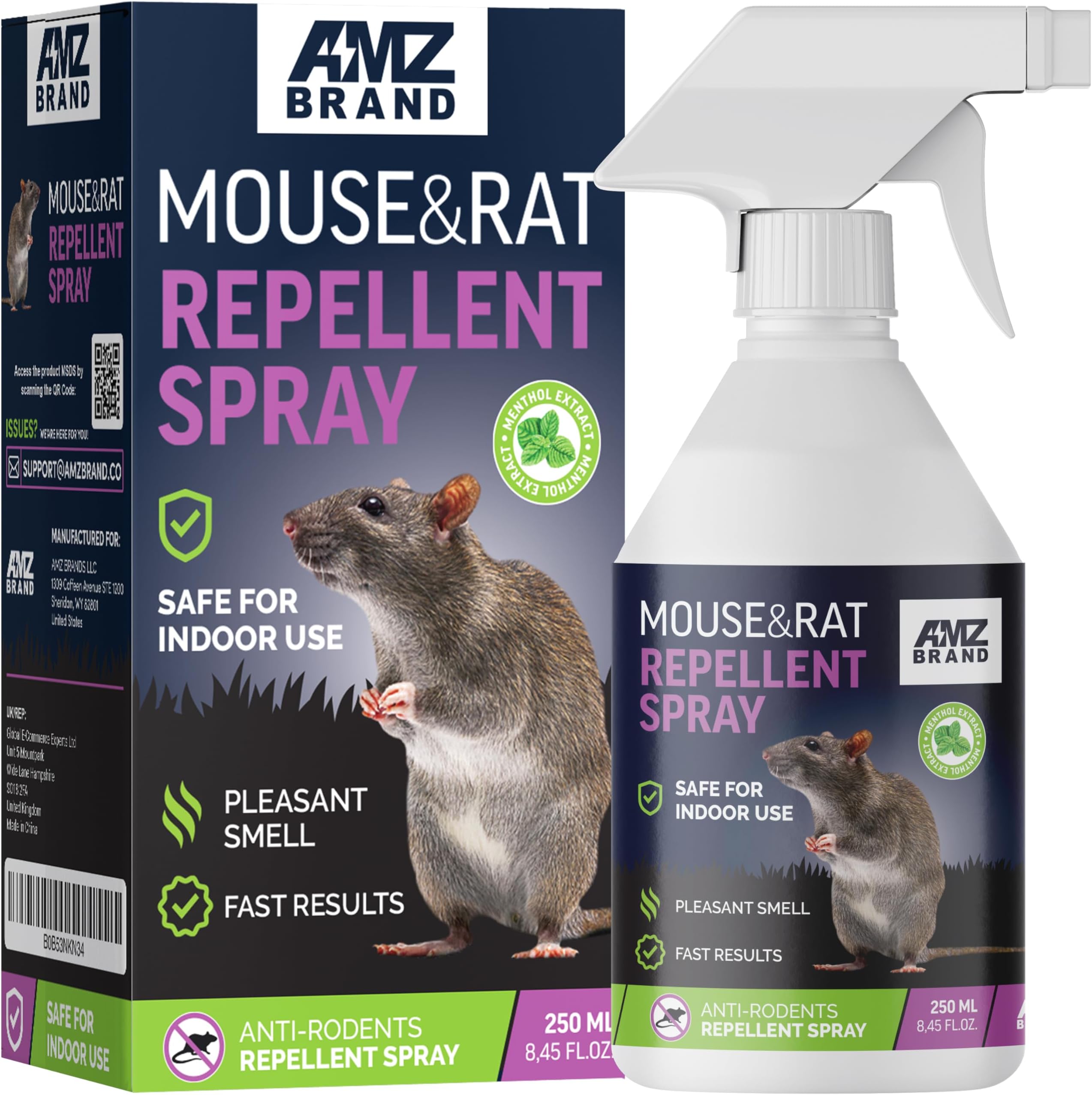 AMZ BRAND Premium Mouse Repellent Spray - Anti-Rat Peppermint Oil Spray for Indoor Use - 250ml - Natural Mint Extract with Pleasant Scent - Non Toxic - Free Fly Trap, Pack of 1