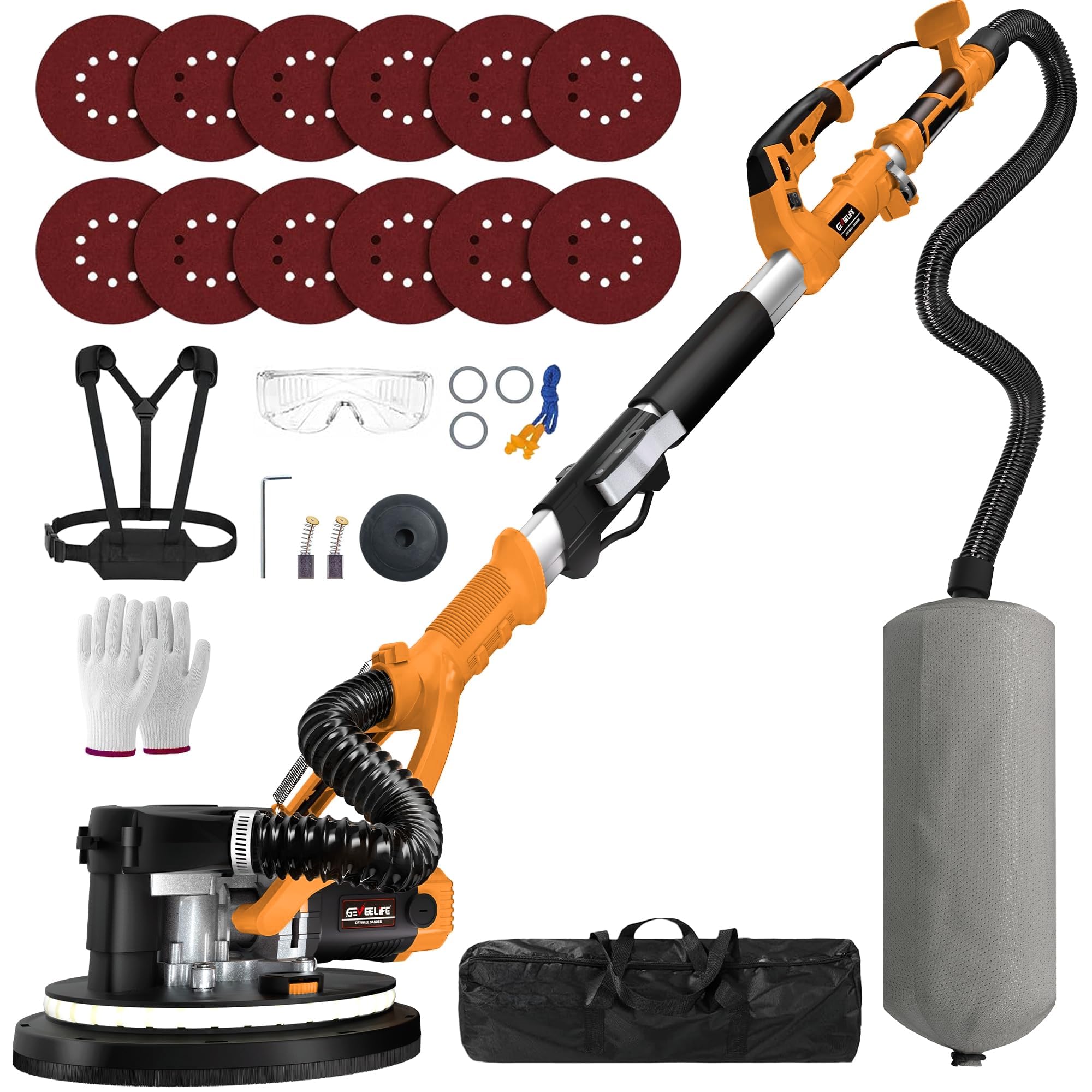 GEVEELIFE Drywall Sander, 880W 7.33A Electric Drywall Sander with Vacuum Dust Collector, 5 Variable Speed 1000-2100RPM, LED Light, Foldable & Extendable Handle, 12 Sanding Discs (Orange Red)