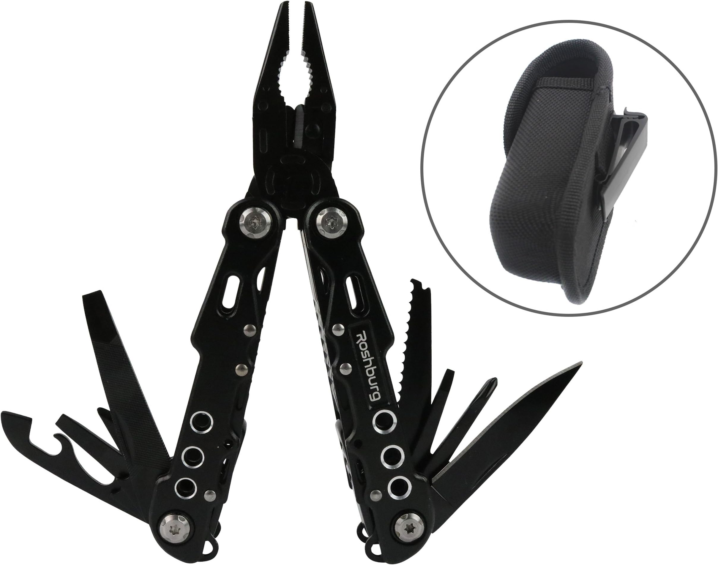 Multitool With Belt Clip - Folding Multi-Plier, Wire Cutter - Safe Lock - Includes Sheath - Black Oxide Stainles Steel - for Survival, Fishing, Camping - Roshburg Adventure Series