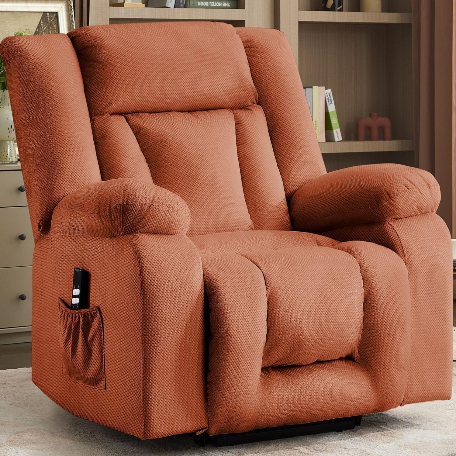 Recliner Sofa with Oversized Power Lift and Genuine Leather Upholstery, Heat Massage, Remote Control, USB Charging Ports, Cup Holders, and Dual Motor Infinite Position Recline