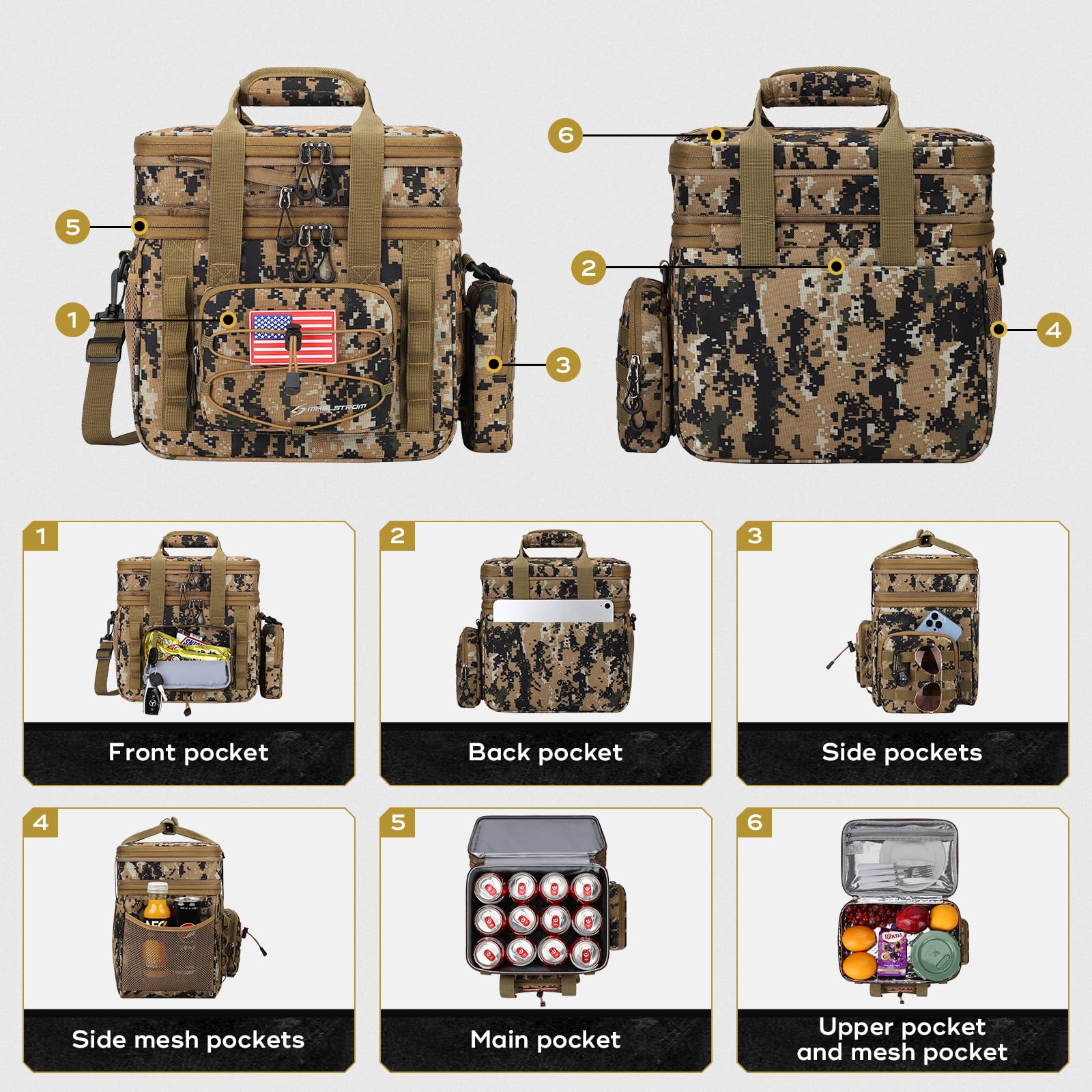 Maelstrom Lonchera táctica, bolsa de almuerzo aislada de 23 L para hombres, bolsa de almuerzo expandible de doble cubierta, bolsa de almuerzo suave a prueba de fugas con bolsas MOLLE desmontables,