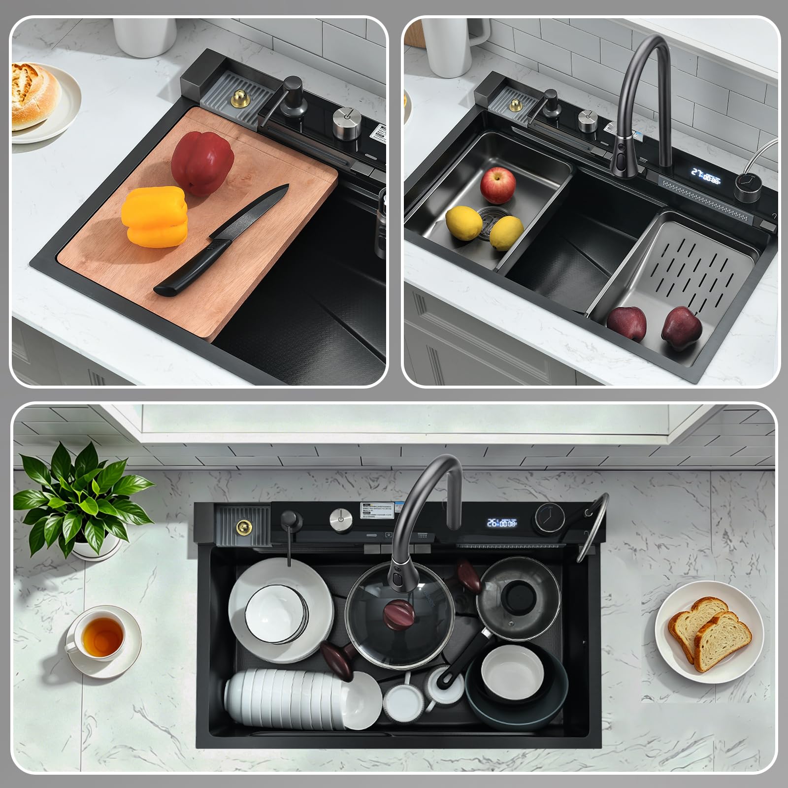 Fregadero Cocina Multifuncional 1 Seno Negro 80x45 cm | Fregadero Cascada en Acero Inoxidable 304, Grifo Extraíble y Grifo Filtrante, Tabla de Cortar y Accesorios Completos