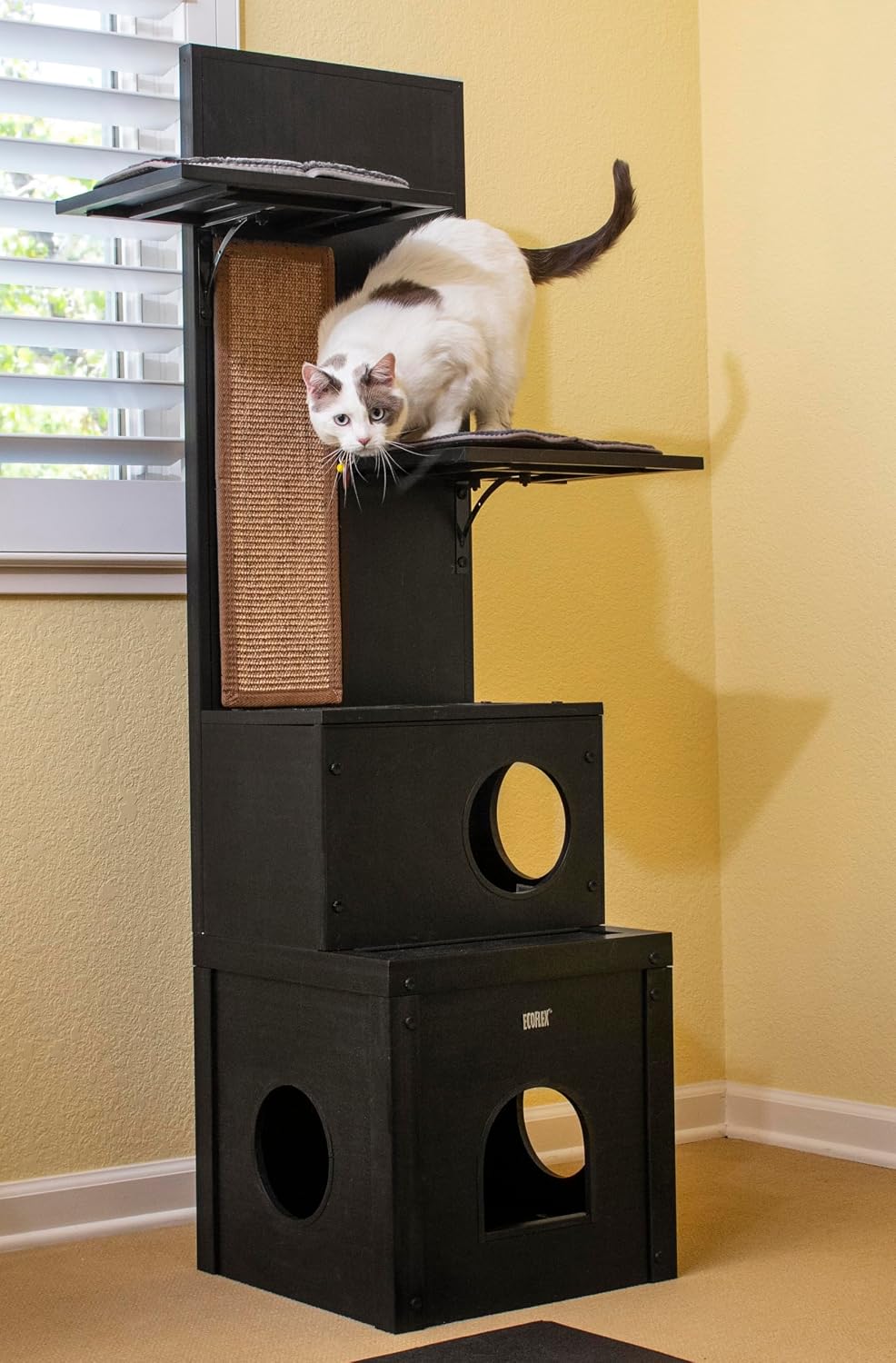 New Age Pet ECOFLEX Kitty Climber Cat Tree with 2 Cubes, 2 Shelves, Sisal Scratch Pad, 60" Tall, Moisture and Odor Resistant Indoor Cat Furniture, Espresso Black