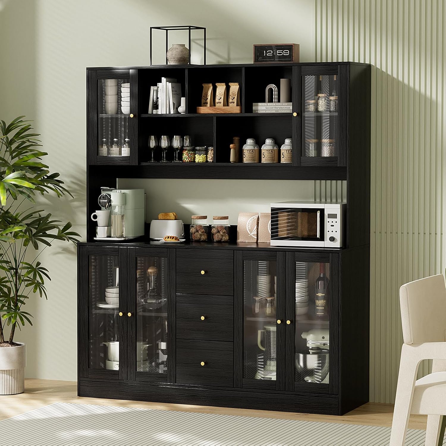 VOWNER Large Kitchen Hutch Cabinet, Kitchen Pantry Storage Cabinet with 6 Glass Doors, 3 Drawers & Microwave Shelf, Freestanding Cupboard for Open Storage (Black)