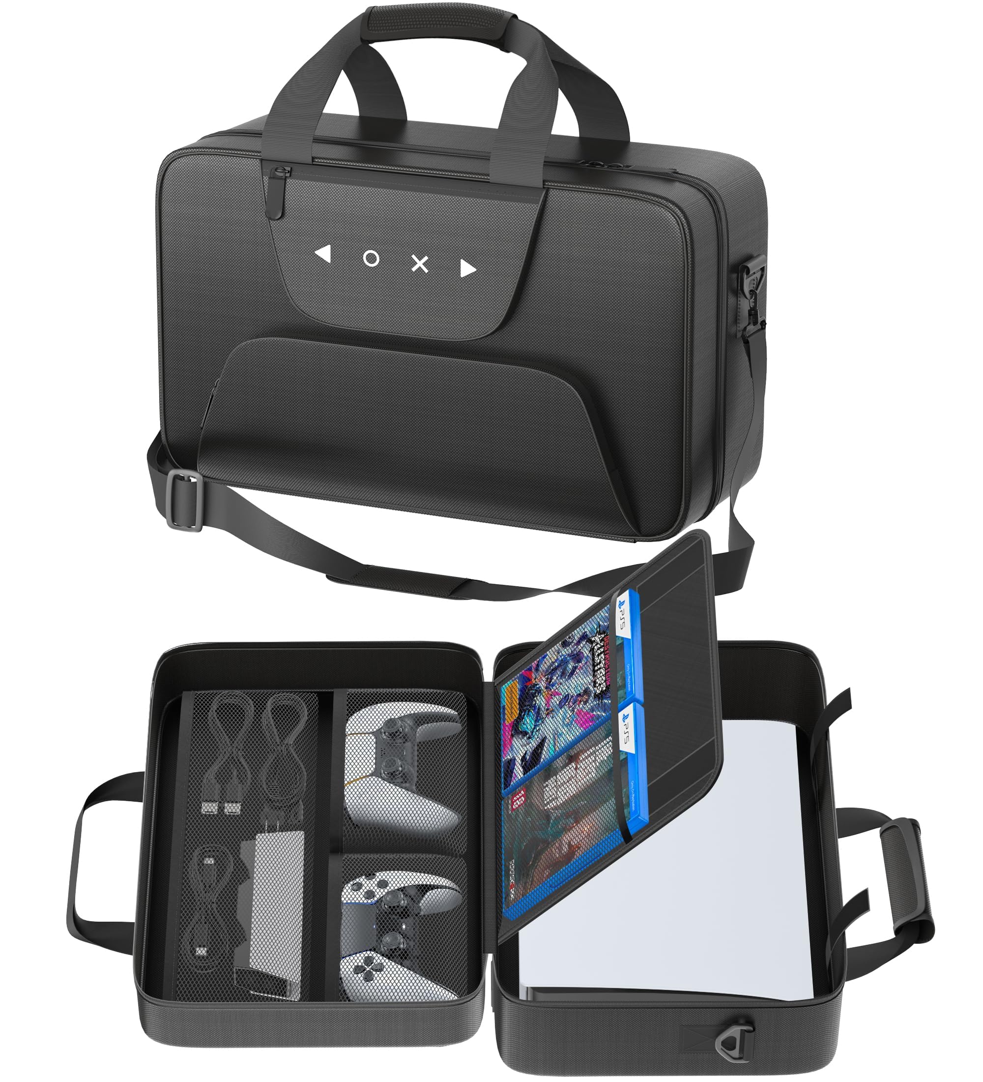 Funda de Viaje para PS5, Compatible con PS5/Slim/Pro Digital & Disc, Bolsa de Transporte para PS5 con Varios Bolsillos, Fundas para PS5, Protege Auriculares, Mandos y Accesorios de Juego, Negro
