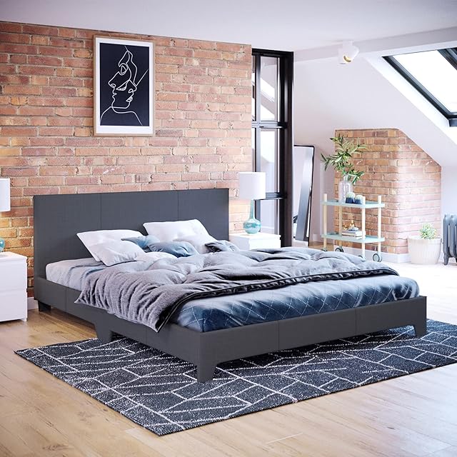 Vida Designs Victoria Bed, Bed Frame Upholstered Fabric Headboard Bedroom Furniture (King Size (5 Foot), Dark Grey Linen)