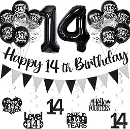 14th Birthday Decorations for Boys Girls - Black Silver Glitter Happy 14th Birthday Letter Banner and Pennant Flags, Number 14 Foil Balloons and Hanging Swirls for 14 Years Old Children Party Supplies
