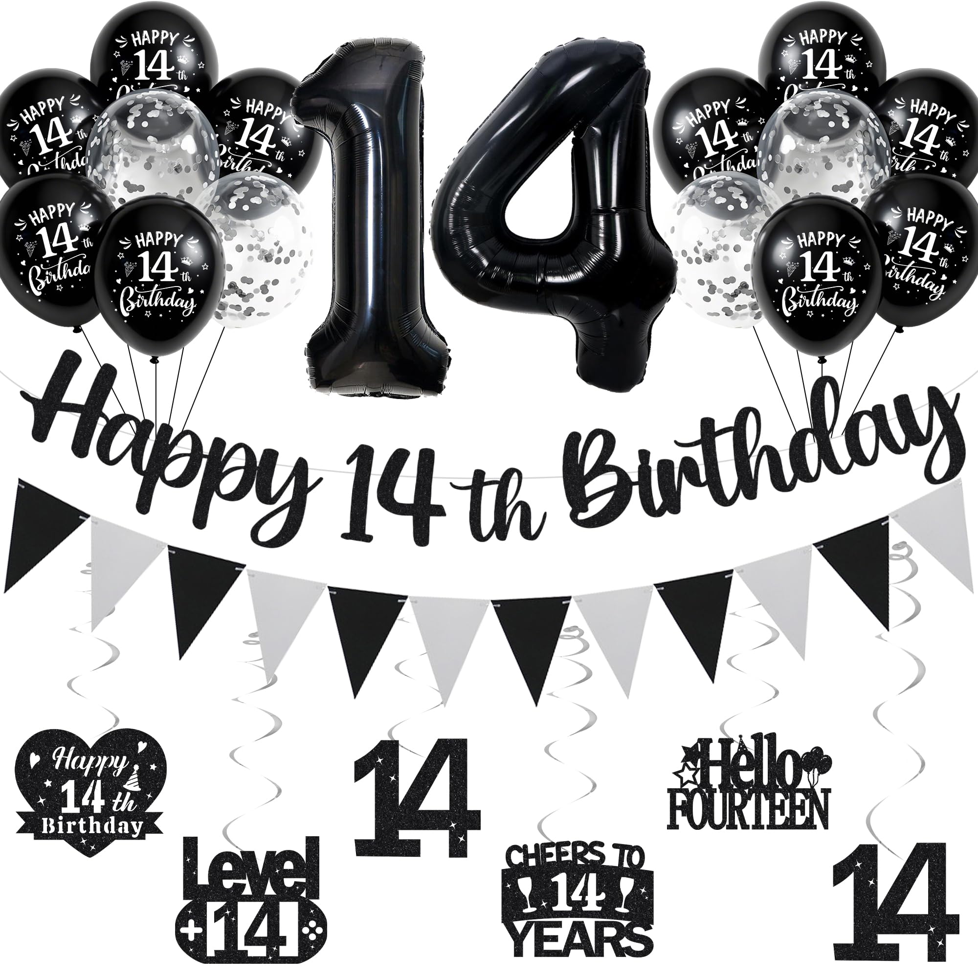 14th Birthday Decorations for Boys Girls - Black Silver Glitter Happy 14th Birthday Letter Banner and Pennant Flags, Number 14 Foil Balloons and Hanging Swirls for 14 Years Old Children Party Supplies