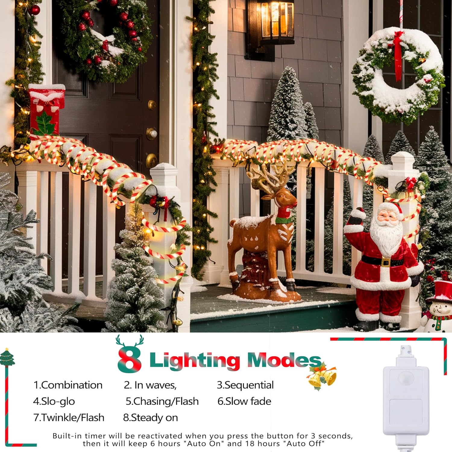 Jnaurb Christmas Candy Cane Lights, 66ft 480 LED Connectable & Flexible White & Red Candy Cane Rope Lights for Outside, 8 Modes Waterproof LED Christmas Light for Garden Patio Tree Holiday Party Decor